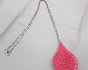 Pink Lace Teardrop Necklace with Silver Stainless Steel Chain