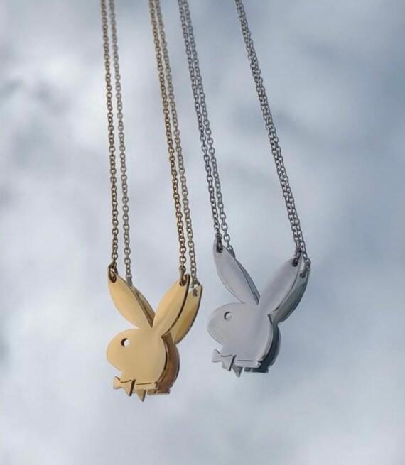 Silber Playboy Bunny Hase Kaninchen Edelstahl Anhänger Schwarz Leder Halskette 
