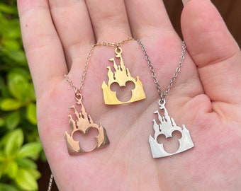 Castle Magic Mickey Necklace Jewellery Charm Pendant - Gold, Rose Gold, Silver - Stainless Steel Gift Birthday Disney