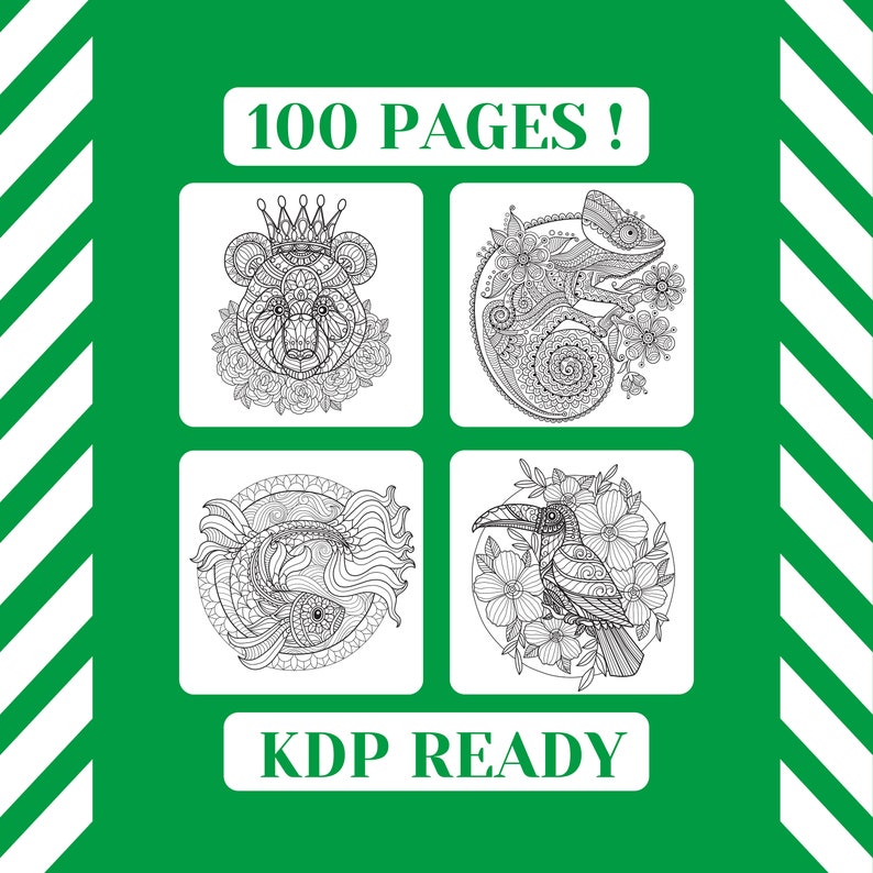 KDP Interior Template: Coloring Book for Adults Ready to Use Low Content Book JPEG Files +PDF File 100 High-Quality Animal Illustrations
