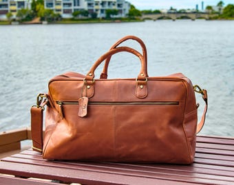 Bolsa de lona de cuero de grano completo para hombre, bolsa de viaje resistente para fin de semana, bolsa de mano para pasar la noche, regalo personalizado para marido.