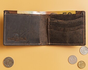 Minimalist Mens Leather Bifold Wallet, Personalised Full Grain Wallet, Engraved Birthday Gift for Boyfriend, Husband, 21st Birthday Present