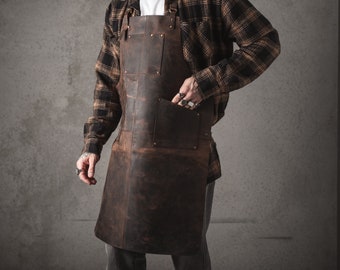 Handgemaakte leren schort: utility-werkschort met zakken