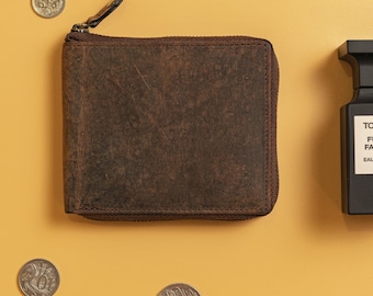Mens Zipper Leather Wallet with Coin Pocket, Personalised Full Grain Zip Around Wallet, Travel Wallet, Engraved Gift for Him, Dad, Husband