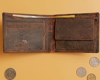 Mens Leather Wallet with Coin Pouch, Personalised Full Grain Bifold Wallet, Engraved Coin Pocket Wallet, Gift for Him, Dad, Boyfriend