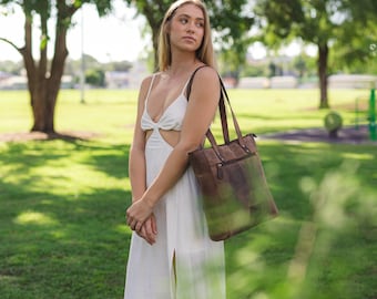 Leren draagtas met ritssluiting: grote retro schoudertas