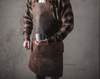 Gepersonaliseerde volnerf leren schort met zakken