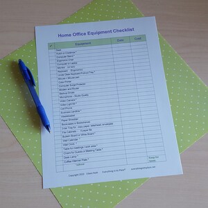 May include: A checklist for home office equipment, with categories for equipment, date, and cost. The checklist includes items such as a desk, computer stand, ergonomic chair, monitor, keyboard, mouse, printer, surge protector, modem, router, backup drives, microphone, video camera, video light kit, cell phone, business landline, wastebasket, paper shredder, bookcases, file cabinets, bulletin board, wall calendar, wall clock, table for meetings, chairs for guests, desk lamp, and coffee warmer plate.