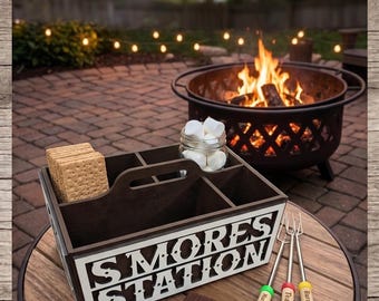 Rustic S'mores Storage Caddy, Engraved Firepit Dessert Box, Wood Marshmallow Station, Cabin Patio Organizer, Summer Hostess Gift