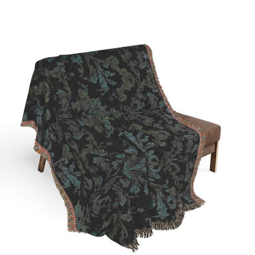 French Provincial Dark Floral Damask Woven Blanket | Vintage Jacquard Throw