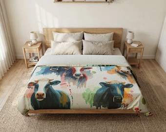 Watercolor Cow Pattern Cotton Duvet Cover | Farmhouse Cottage Bedding