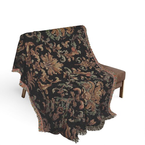 French Provincial Vintage Damask Woven Blanket | Tapestry Floral Throw, Boho Home Decor