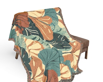 Retro Ginkgo Blätter gewebte Decke | Botanischer Überwurf, Mid Century Blumenmuster