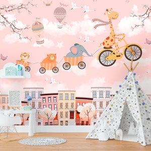 Kinderzimmer Tapete Wanddecken Tiere Fahrrad moderne Wallpaper | Etsy