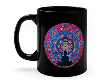 Buddha's Delight Coffee Mug, 11oz Black Mug, Black Mandala Mug, Mandala Art Mug, Mandala Coffee Cup, Coffee Cup