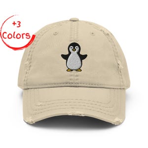 Penguin Embroidered Distressed Hat | Vintage Antarctic Bird Hat | Polar Animal Gift | Worn-Look Cap