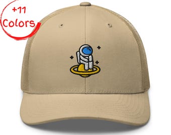 Astronaut Trucker Hat | Retro Space Cap | Embroidered Cosmonaut Graphic | Classic Mesh Back Hat | Cool Galaxy Gift | Unisex Snapback Hat