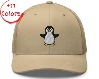 Penguin Trucker Hat | Retro Arctic Cap | Embroidered Penguin Graphic | Classic Mesh Back Hat | Cute Winter Gift | Unisex Snapback Hat