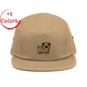 Pug 5 Panel Cap | Retro Dog Hat | Embroidered Puppy Graphic | Camper Baseball Cap | Classic Pet Lover Gift | Unisex Flat Brim Hat