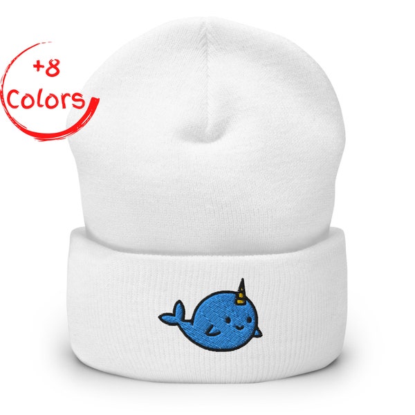 Cute Narwhal Embroidered Cuffed Beanie | Whimsical Ocean Unisex Winter Hat