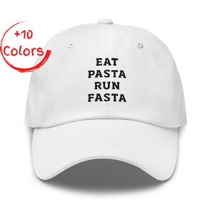 Ät pasta, spring, fasta, broderad mössa | Rolig löparkeps | Kolhydratfyllande gåva