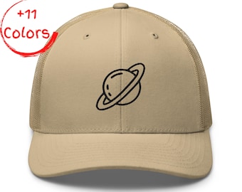Saturn Trucker Hat | Retro Space Cap | Embroidered Planet Graphic | Classic Mesh Back Hat | Cool Galaxy Gift | Unisex Snapback Hat