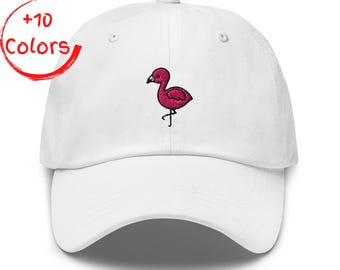 Chapéu de pai bordado com flamingo | Chapéu de pássaro tropical | Presente de praia rosa | Chapéu de sarja de algodão desestruturado