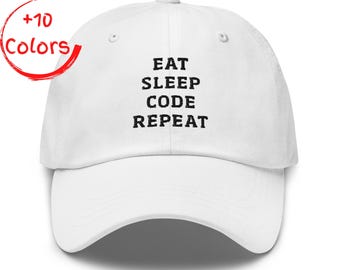 Czapka z powtarzającym się kodem „Jedz i śpij” | Zabawny prezent dla programisty | Czapka taty z motywem życia programisty | Haft prezentu z mantrą programisty
