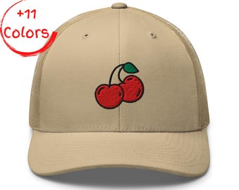 Cherry Trucker Hat | Retro Fruit Cap | Embroidered Cherry Graphic | Classic Mesh Back Hat | Cute Summer Gift | Unisex Snapback Hat