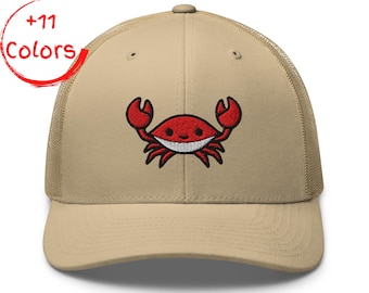 Crab Trucker Hat | Retro Ocean Cap | Embroidered Crustacean Graphic | Classic Mesh Back Hat | Cool Beach Gift | Unisex Snapback Hat