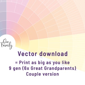 Arte del árbol genealógico - Gráfico de abanico en blanco - 9 generaciones - Pareja - Descarga instantánea - Listo para imprimir