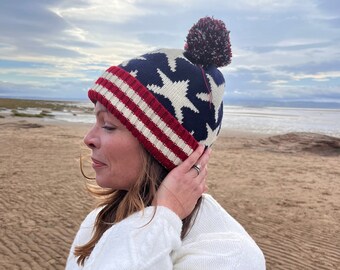 Winter Beanie Hat , US Knit Hat ,Star and Stripe  Pom Pom Hat , Star and Stripe Bobble Hat , US flag Beanie , Star and Stripe Hat