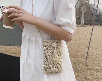 Beach Mobile Phone Bag , Crossbody Straw Tassel Bag , Small Straw Handbag , Straw Handbag , Crossbody Shoulder Bag ,Mini Crossbody Straw Bag