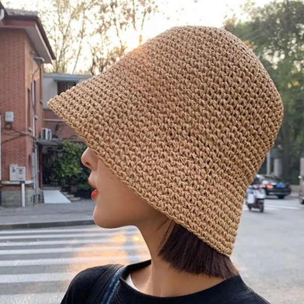 Bob de paille, chapeau d'été style coréen, chapeau de plage de paille, chapeau de voyage de paille, chapeau en raphia, chapeau de paille pour femme, chapeau en raphia