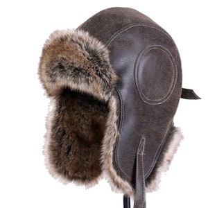 Unisex Bomber Hat , Unisex Trapper Hat , Leather Faux Fur Winter Hat , Winter Leather Bomber Hat image 8
