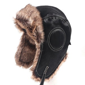 Unisex Bomber Hat , Unisex Trapper Hat , Leather Faux Fur Winter Hat , Winter Leather Bomber Hat image 7