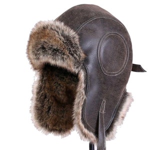 Unisex Bomber Hat , Unisex Trapper Hat , Leather Faux Fur Winter Hat , Winter Leather Bomber Hat image 2