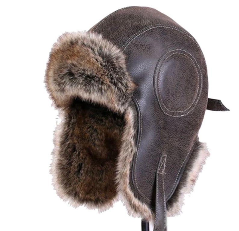 Unisex Bomber Hat , Unisex Trapper Hat , Leather Faux Fur Winter Hat , Winter Leather Bomber Hat image 2