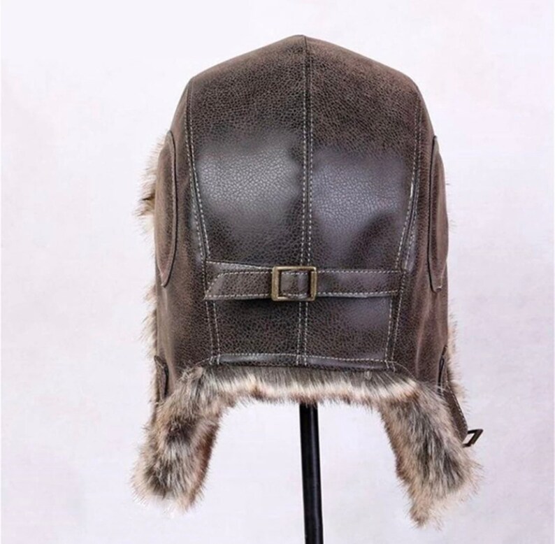 Unisex Bomber Hat , Unisex Trapper Hat , Leather Faux Fur Winter Hat , Winter Leather Bomber Hat image 3