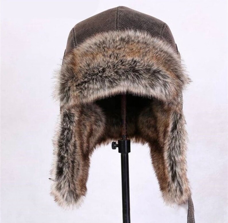 Unisex Bomber Hat , Unisex Trapper Hat , Leather Faux Fur Winter Hat , Winter Leather Bomber Hat image 4