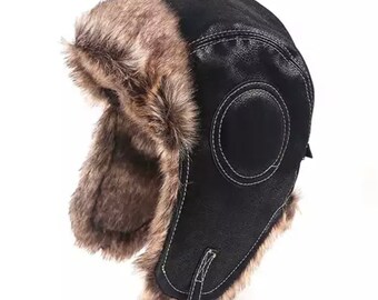 Unisex Bomber Hat , Unisex Trapper Hat , Leather Faux Fur Winter Hat , Winter Leather Bomber Hat