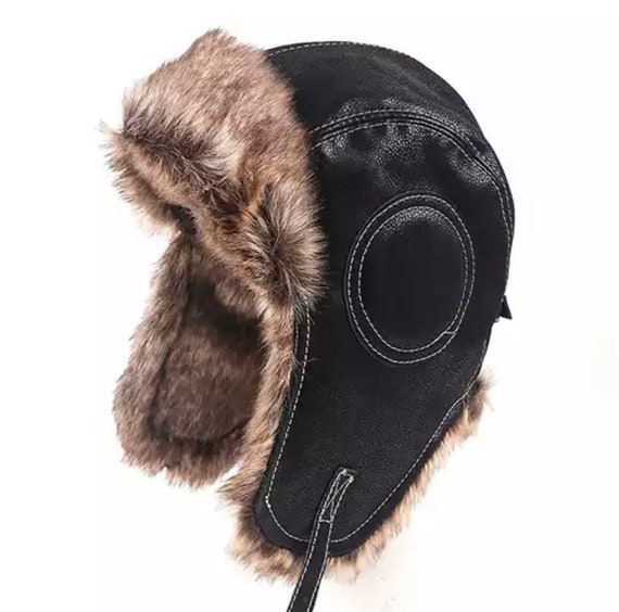 Unisex Bomber Hat , Unisex Trapper Hat , Leather Faux Fur Winter Hat ,  Winter Leather Bomber Hat 