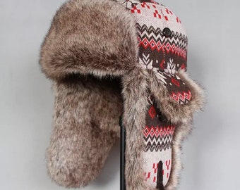 Winter Bomber Hat , Russian Faux Fur Trapper , Trapper Hat , Bomber Hat with Earflaps,