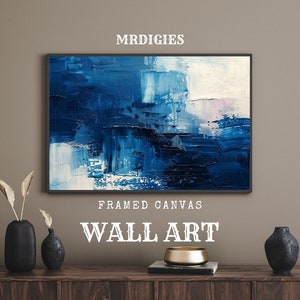 Blue White Abstract Framed Canvas Print | Oil Painting Texture | Dynamic Composition | Shade of Blue Grey Black | Wall Decor | Minimalistic