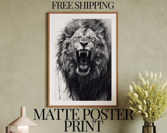 Black and White Lion Art Print - Majestic Wildlife Poster - Lion Are - Perfect for Framing - Moody King of the Jungle - 24" X 36" Drawing
