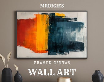 Dark Blue Orange Abstract Framed Canvas Print | Brush Strokes | Minimalist | Yellow Accents | White Background | Wall Decor | Wall Art
