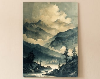 Moody Landscape Canvas Wall Art | Vintage Print | Abstract Wall Decor for Office or Home | Calm Bedroom Decor | Hanging kit | Great Gift
