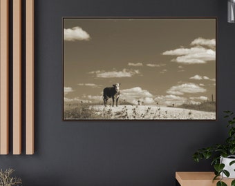 Sepia Cow on Empty Road Framed Canvas Print | Cloudy Sky Photography | Vintage Style Art | Western Wall Decor | Cow Art | Cow Photograph