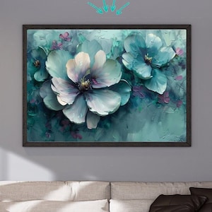 Teal Flowers Oil Painting Framed Canvas Print | Detailed Closeup | Soft Lighting | High Resolution | Hyperrealism Art | Wall Art