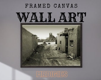 Sepia Adobe Village Framed Canvas Print | Pueblo Church Ruins | Monochrome Photography | Vintage Style | Western Wall Art | Wall Decor